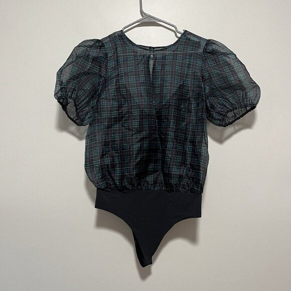 Cami NYC NWT Bethany Sheer Bodysuit in Green Blue Scotch‎ Plaid Size Large - Picture 2 of 7
